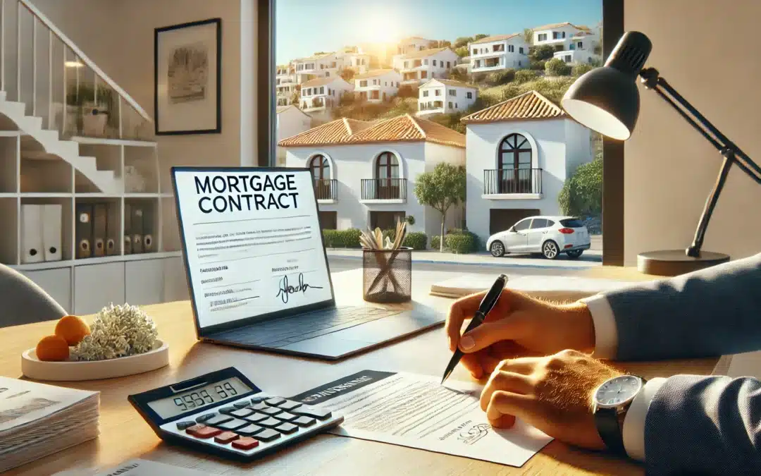 A hyper-realistic image of a person signing a mortgage contract in a modern Spanish real estate office. The setting includes a professional office desk with financial documents, a calculator, and a laptop displaying a mortgage approval screen. In the background, a large window reveals a sunny view of a Mediterranean-style neighborhood with white houses and terracotta roofs, typical of Spain. The atmosphere is professional and welcoming, emphasizing the financial aspect of home buying.
