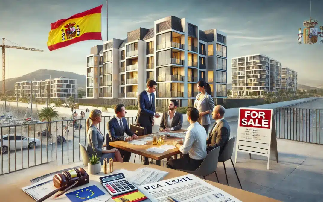 A hyper-realistic image of a modern Spanish cityscape with luxury apartments and a 'For Sale' sign. In the foreground, a diverse group of potential foreign buyers, including European and non-European individuals, discuss real estate options with an agent. The scene conveys a legal and financial atmosphere, with documents, tax calculations, and a Spanish flag subtly incorporated. The background features a Mediterranean setting with palm trees and contemporary architecture.