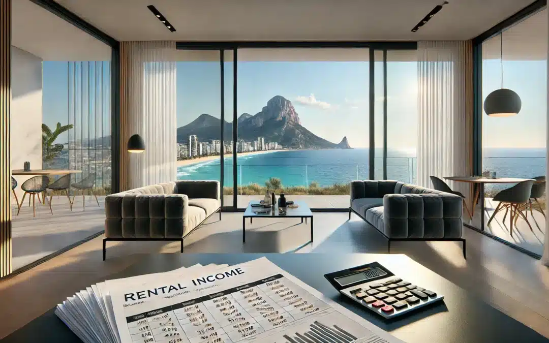 A hyper-realistic image of a modern beachfront apartment in Calpe, Spain, with a stunning view of the Mediterranean Sea and the Peñón de Ifach in the background. The interior is elegantly furnished, featuring a spacious living room with large glass windows leading to a terrace. A financial document with rental income calculations is placed on a table, symbolizing real estate investment and profitability.