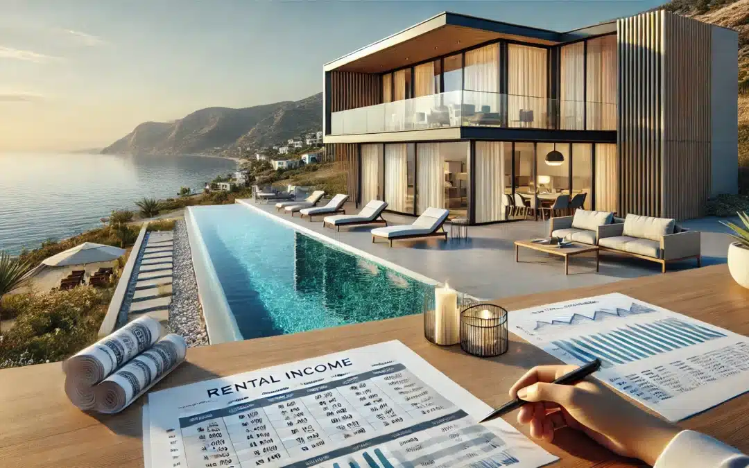 A hyper-realistic image of a luxurious villa in Costa Blanca, Spain, with an infinity pool overlooking the Mediterranean Sea. The villa features modern architecture, large glass windows, and a spacious terrace with outdoor furniture. A financial report and rental income chart are displayed on a table, symbolizing real estate profitability and investment potential.