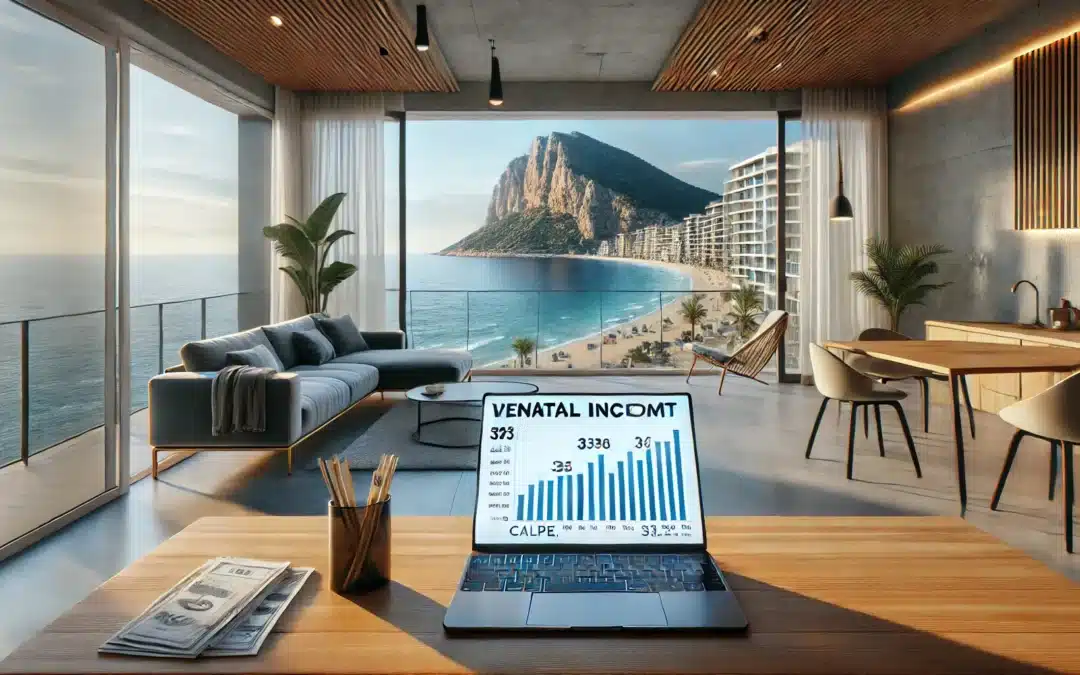 A hyper-realistic image of a luxurious beachfront apartment in Calpe, Spain, with a stunning view of the Mediterranean Sea and the Peñón de Ifach. The apartment has a modern, stylish interior with large glass windows opening to a spacious balcony. A laptop displaying a rental income report sits on a wooden table, symbolizing vacation rental profitability.
