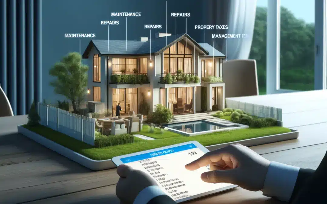 A hyper-realistic image of a modern rental property with hidden costs visualized. The house appears elegant and inviting, but behind the scenes, costs like maintenance, repairs, property taxes, and management fees are subtly illustrated. A real estate investor is seen analyzing expenses on a digital tablet, symbolizing financial planning for rental properties.