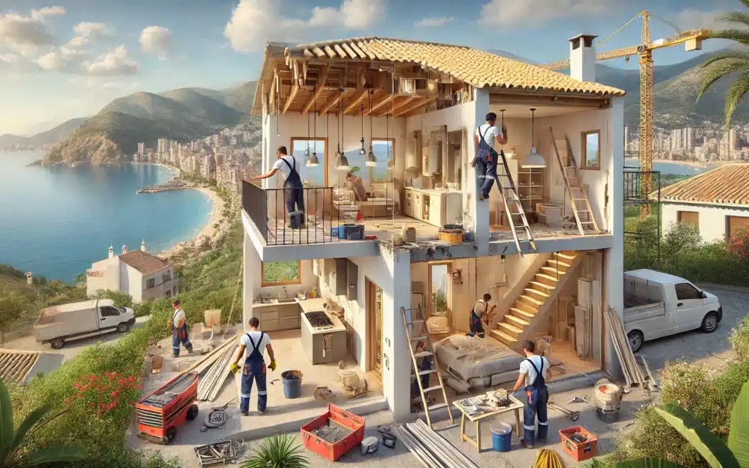 A hyper-realistic image of a house in Calpe undergoing a renovation. The scene includes workers renovating a house, with clear focus on modernizing the kitchen and bathroom areas, and updating the electrical and plumbing systems. There are beautiful views of the Mediterranean in the background, with construction tools and materials visible. The house should have a mix of traditional and modern elements to reflect the potential transformation. The image should have a 16:9 ratio and convey the idea of property improvement in a coastal setting.