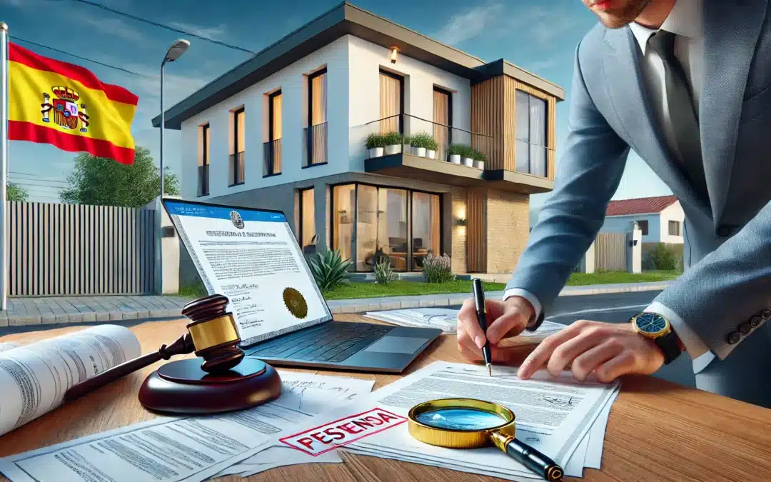 A hyper-realistic image depicting a person carefully reviewing real estate documents with a magnifying glass, symbolizing fraud prevention when buying a house in Spain. The scene includes a modern Spanish-style house in the background, legal documents, a laptop displaying property listings, and a notary's stamp. The setting conveys caution and diligence in real estate transactions. The image has a 16:9 ratio.