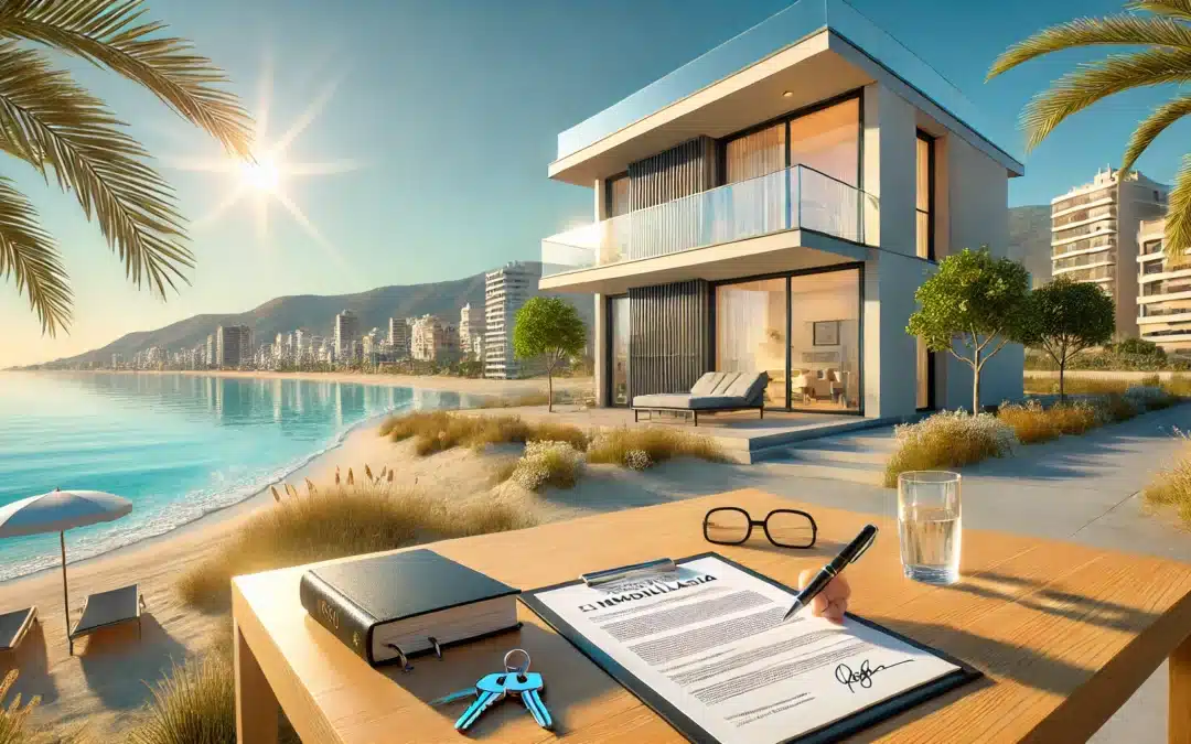 Imagen hiperrealista de una hermosa villa moderna frente al mar en Calpe, España, mostrando una vista panorámica del Mediterráneo con playa de arena blanca, cielo despejado y sol brillante. En primer plano, se ven documentos de compra inmobiliaria y una llave sobre una mesa, simbolizando una compra segura y meditada. Escena luminosa y atractiva, en ratio 16:9.