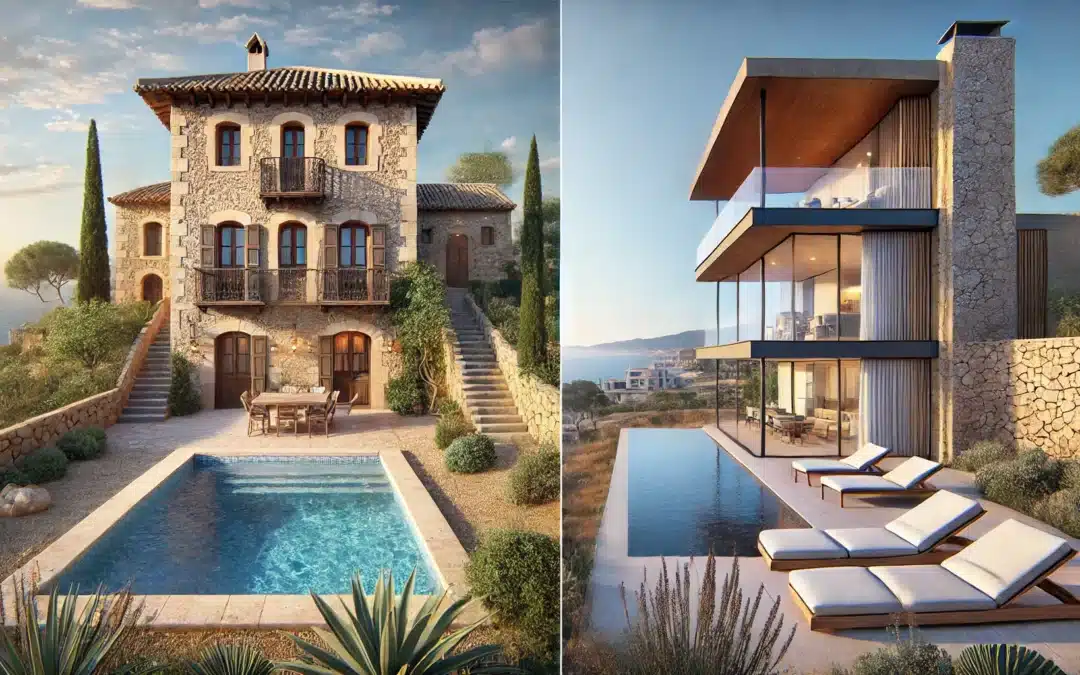 Imagen hiperrealista comparativa de dos casas en la Costa Blanca, España. A la izquierda, una encantadora casa tradicional española de reventa, rodeada de vegetación madura, con una fachada de piedra y detalles rústicos. A la derecha, una moderna villa de obra nueva con diseño contemporáneo, líneas limpias, amplios ventanales y una piscina infinita. Fondo con vista al mar Mediterráneo, día soleado y despejado. Ratio 16:9.