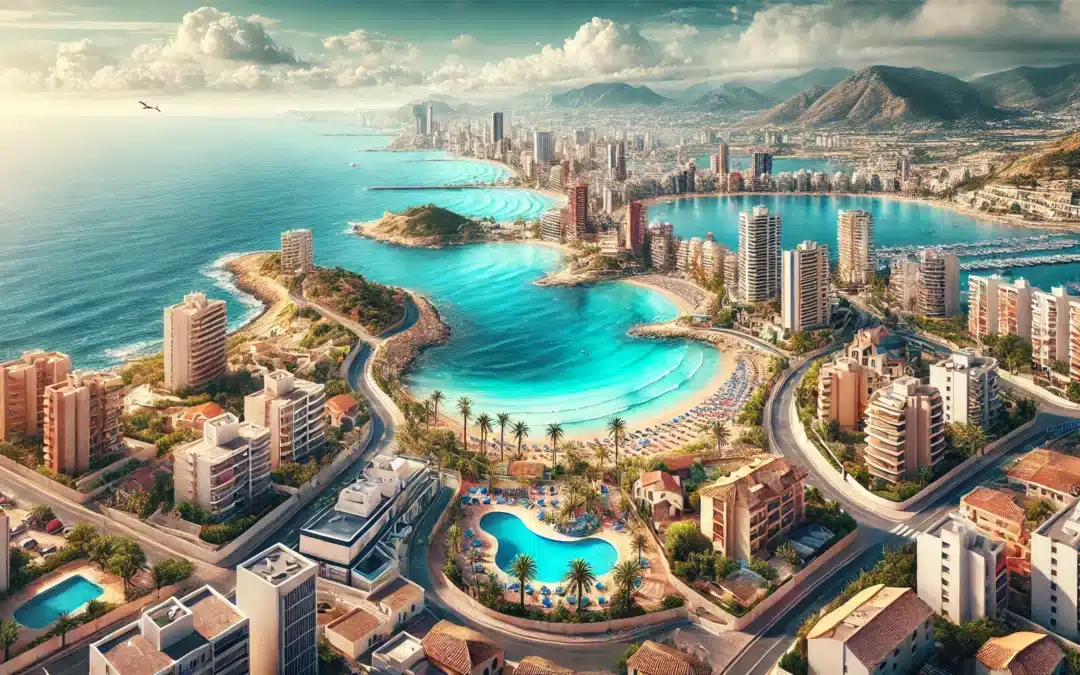 Imagen hiperrealista que muestra diferentes zonas atractivas de Calpe, Costa Blanca. La imagen presenta vistas panorámicas al mar Mediterráneo, hermosas playas, urbanizaciones exclusivas con villas modernas y tradicionales, así como zonas verdes y el centro histórico con calles empedradas. Escena soleada con colores vibrantes, capturando el estilo de vida ideal en Calpe. Ratio 16:9.