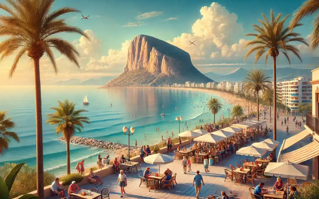 Imagen hiperrealista que represente la vida en Calpe, Costa Blanca. Se visualiza una vista panorámica del Peñón de Ifach con el mar Mediterráneo en calma, cielos despejados y soleados. En primer plano, aparecen personas disfrutando del paseo marítimo, con cafés al aire libre, palmeras, y una atmósfera relajada que representa alta calidad de vida. Colores vibrantes y cálidos que evocan bienestar y tranquilidad. Ratio 16:9.