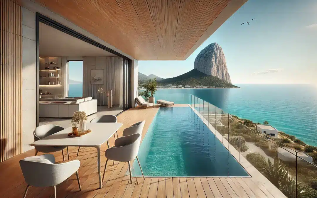 Vista hiperrealista desde una terraza moderna con piscina infinita hacia el mar Mediterráneo en Calpe, con el icónico Peñón de Ifach al fondo, durante un día soleado con cielo despejado y agua cristalina. Mobiliario elegante y minimalista, plantas mediterráneas y ambiente de lujo y relajación. Proporción de la imagen 16:9.