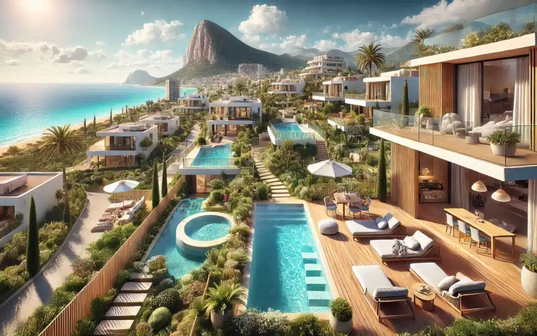 A hyper-realistic panoramic view of a luxury private urbanization in Calpe, Spain, showcasing modern villas with terraces, private pools, lush green gardens, and stunning views of the Mediterranean Sea and the iconic Peñón de Ifach. Sunny weather, clear skies, and vivid colors, capturing an exclusive, tranquil lifestyle. Aspect ratio 16:9.