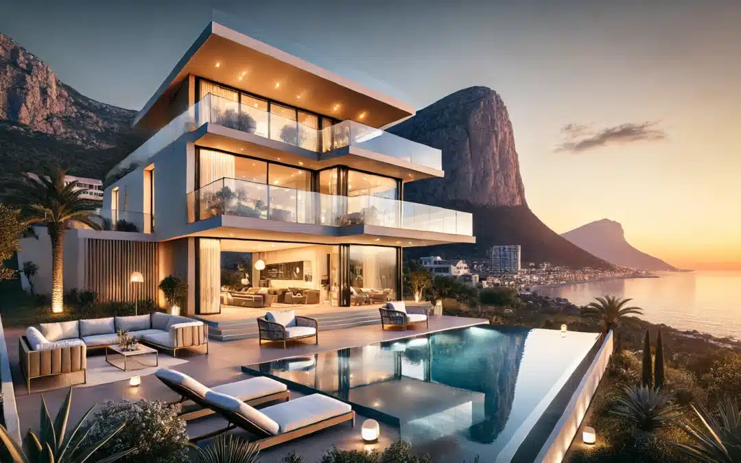 A luxurious villa in Calpe, Spain, overlooking the Mediterranean Sea. The villa features modern architecture with clean lines, large glass windows, and an infinity pool reflecting the sunset. The outdoor area includes a spacious terrace with elegant furniture, a well-maintained garden, and a breathtaking view of the Peñón de Ifach. The ambiance is serene, showcasing a high-end lifestyle with warm lighting and a sophisticated design.