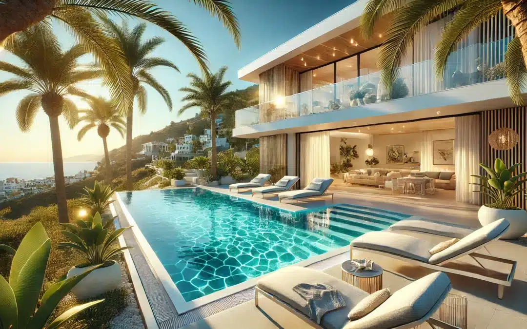 A luxurious villa with a private swimming pool in Costa Blanca, Spain. The villa has a modern Mediterranean design with white walls, large glass windows, and a spacious outdoor terrace. The pool is crystal clear, reflecting the warm sunlight, surrounded by tropical plants and sun loungers. The backdrop features a stunning coastal view with blue skies and the Mediterranean Sea. The scene is captured in a hyper-realistic style, perfect for a blog cover image.