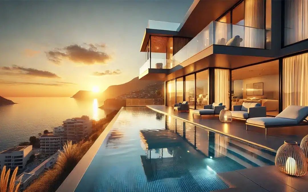 A hyper-realistic image of a luxurious modern villa in Calpe, Spain, overlooking the Mediterranean Sea at sunset. The villa features a spacious terrace with elegant outdoor furniture, an infinity pool reflecting the golden hues of the sunset, and large glass windows showcasing a stylishly furnished interior. The scene is serene and inviting, capturing the beauty of the Costa Blanca lifestyle.