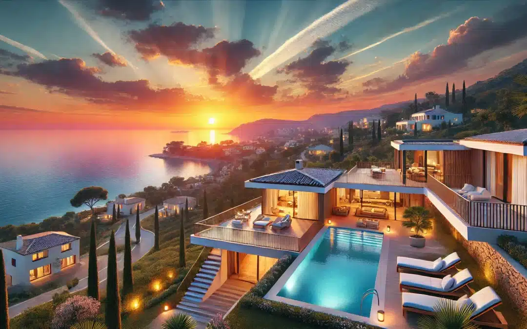 A hyper-realistic image of a luxury villa on the Costa Blanca, Spain, overlooking the Mediterranean Sea with stunning sunset views. The villa features modern architecture, a spacious terrace with a pool, and lush gardens. The scene captures the beauty of the coastline with a vibrant sunset sky, emphasizing the luxury lifestyle and appeal of the Costa Blanca region.