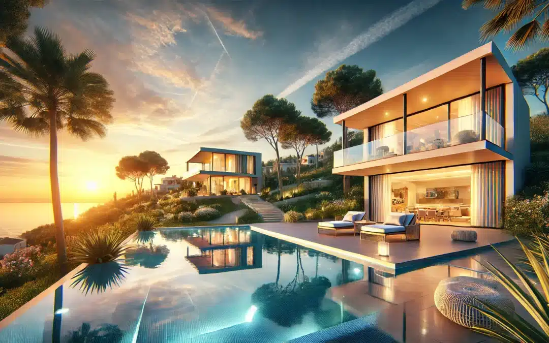 A hyper-realistic image of a beautiful villa in Calpe, Spain, featuring modern architecture with a spacious terrace overlooking the Mediterranean Sea. The villa is surrounded by lush greenery, with a private pool reflecting the clear blue sky. The scene is serene and luxurious, capturing the essence of the Costa Blanca lifestyle with a vibrant sunset in the background.