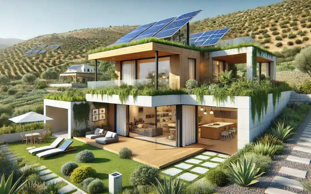 Moderna casa sostenible en España con paneles solares en el techo, ventanales de suelo a techo y un jardín en la azotea. La vivienda combina madera natural, piedra y hormigón blanco, rodeada de un paisaje mediterráneo con plantas autóctonas y una terraza al aire libre. Al fondo, colinas y un cielo azul brillante reflejan el clima soleado español.
