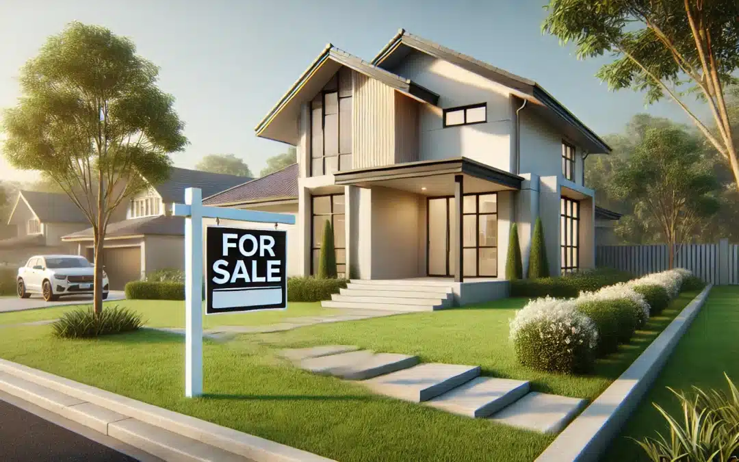 A hyper-realistic image of a beautiful modern home with a 'For Sale' sign in the front yard. The house has a clean, minimalist design with large windows, a well-maintained lawn, and a welcoming entrance. The sky is clear, and the sunlight enhances the details of the house, making it look warm and inviting. The image should have a 16:9 aspect ratio, perfect for a blog post cover.