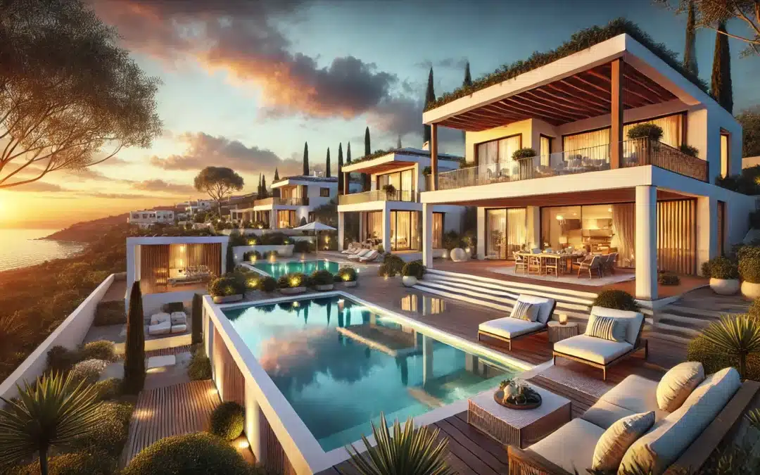 Lujosa villa mediterránea en España al atardecer, con una terraza espaciosa, piscina infinita y vistas impresionantes al mar. La arquitectura combina paredes blancas, grandes ventanales y pérgolas de madera, rodeada de exuberante vegetación. Un entorno exclusivo y elegante ideal para el mercado inmobiliario.