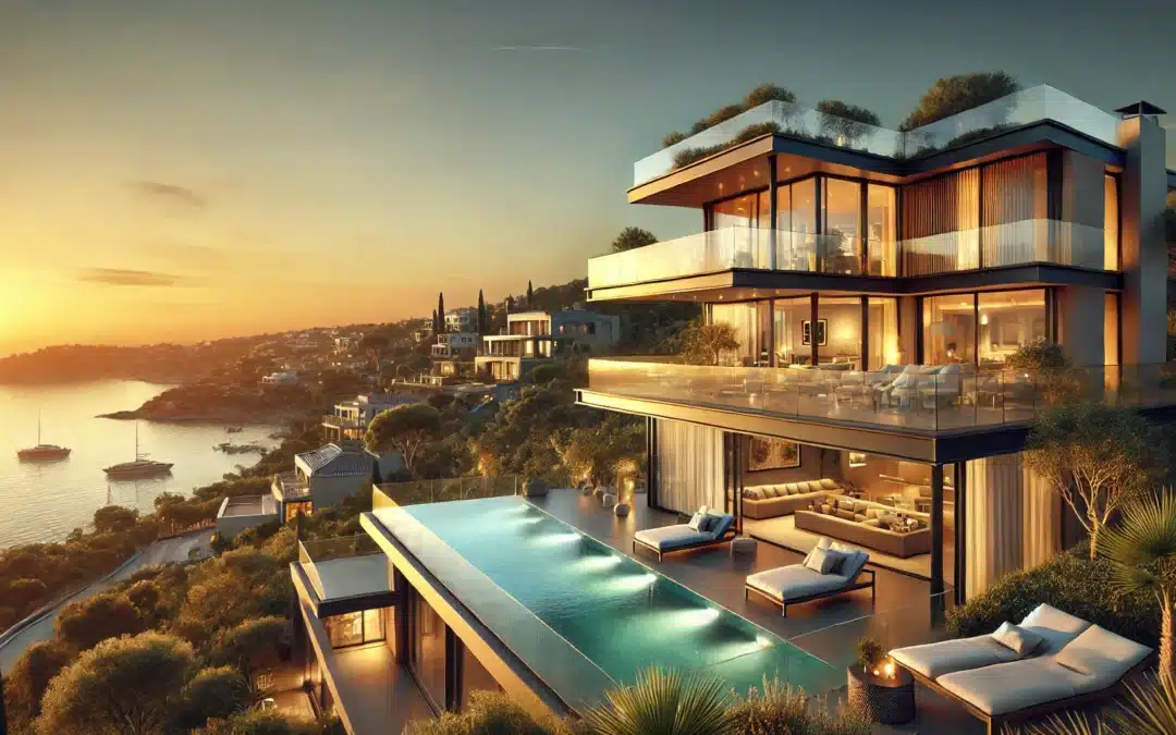 Lujo en España: Impresionante villa mediterránea con piscina infinita y vistas al mar al atardecer. Casa moderna con grandes ventanales, terraza espaciosa y un entorno natural exuberante, ideal para quienes buscan comprar una propiedad en España.