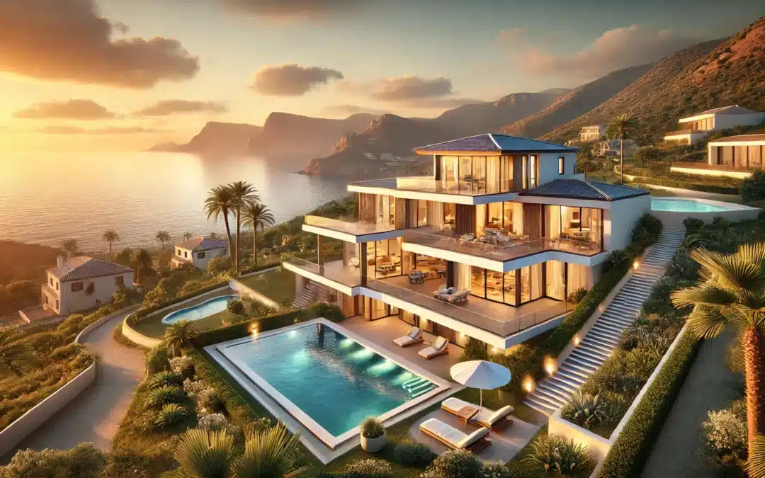 A hyper-realistic image of a luxurious villa in Costa Blanca, Spain, with a stunning view of the Mediterranean Sea. The villa should have large windows overlooking the ocean, a private pool, well-manicured gardens, and modern architecture. The scene should be set during the golden hour, with soft sunlight illuminating the property, and the sky should have a warm, orange hue. The landscape should include palm trees, and the overall vibe should convey luxury and tranquility, representing both vacation and long-term rental possibilities.