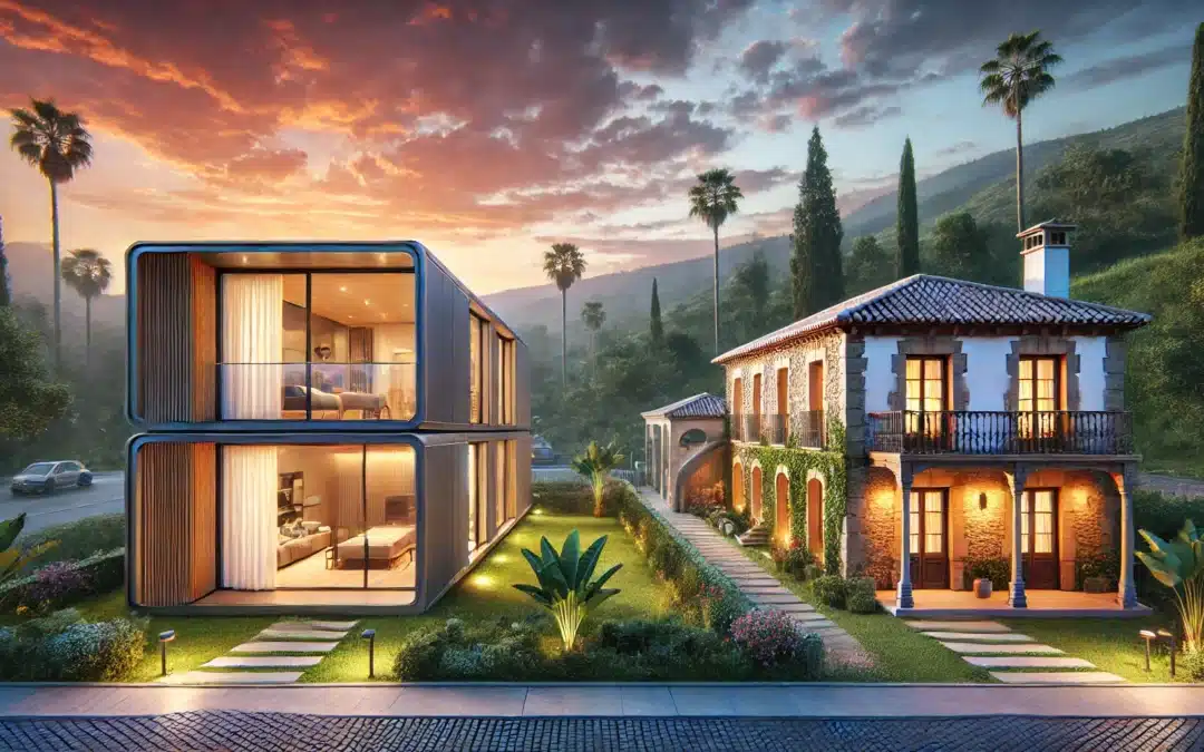 A hyper-realistic image of a modern prefabricated house on the left and a traditional Spanish villa on the right, set in a beautiful Mediterranean landscape with a sunset sky. The prefabricated house has a sleek, contemporary design with large glass windows, while the traditional villa features rustic stone walls and a terracotta roof. The surroundings include lush greenery, palm trees, and a paved pathway leading to each house. The lighting highlights the architectural contrast between both types of homes. The image should have a 16:9 aspect ratio and be ultra-detailed.