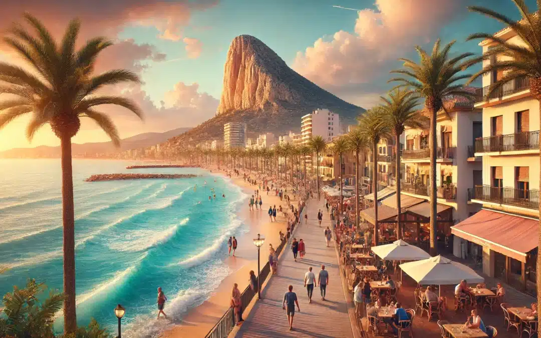 A hyper-realistic image of Calpe, Spain, featuring the iconic Peñón de Ifach rock formation at sunset. The scene includes a lively beachfront promenade with people strolling, outdoor cafés, and palm trees lining the walkway. The turquoise waters of the Mediterranean Sea gently touch the sandy beach, where visitors are sunbathing and playing. The atmosphere is warm and inviting, capturing the beauty and vibrancy of this coastal town. The image should have a 16:9 aspect ratio and be ultra-detailed.
