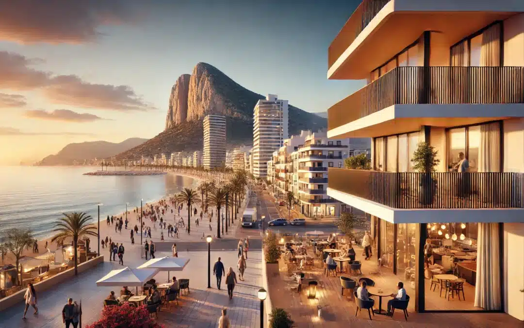 A hyper-realistic image of Calpe, Spain, featuring a modern Mediterranean-style apartment with a sea view, a bustling town square, and the iconic Peñón de Ifach rock formation in the background. The setting is lively with people enjoying cafés, shopping, and walking along the promenade. The image should capture the balance between affordable living and luxury, showcasing both budget-friendly and high-end elements of the city. The lighting should be warm and inviting, giving a sense of high quality of life in Calpe. The image should have a 16:9 aspect ratio and be ultra-detailed.