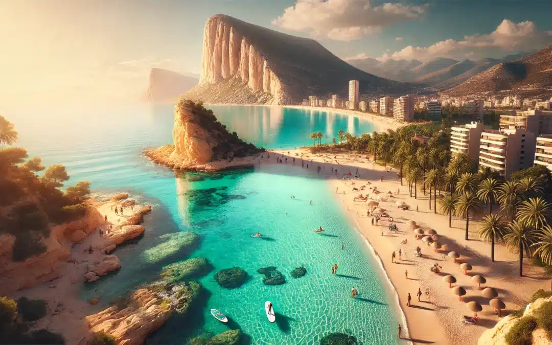 A hyper-realistic image of a stunning Mediterranean cove in Calpe, Spain, featuring crystal-clear turquoise waters, soft golden sand, and dramatic cliffs covered in lush greenery. In the background, the iconic Peñón de Ifach rises above the horizon. People are seen enjoying the sun, paddleboarding, and snorkeling in the calm waters. The setting captures the serene and luxurious coastal lifestyle of Calpe, making it a dream destination to live by the sea. The image should have a 16:9 aspect ratio and be ultra-detailed.