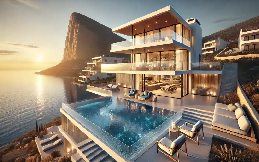 A hyper-realistic image of a luxurious villa in Calpe, Spain, overlooking the Mediterranean Sea. The villa features a modern architectural design with large glass windows, an infinity pool, and a spacious terrace with elegant outdoor furniture. The sun is setting, casting a golden glow over the property, and the iconic Peñón de Ifach is visible in the background. The ambiance is serene and exclusive, capturing the appeal of high-end real estate in the Costa Blanca.